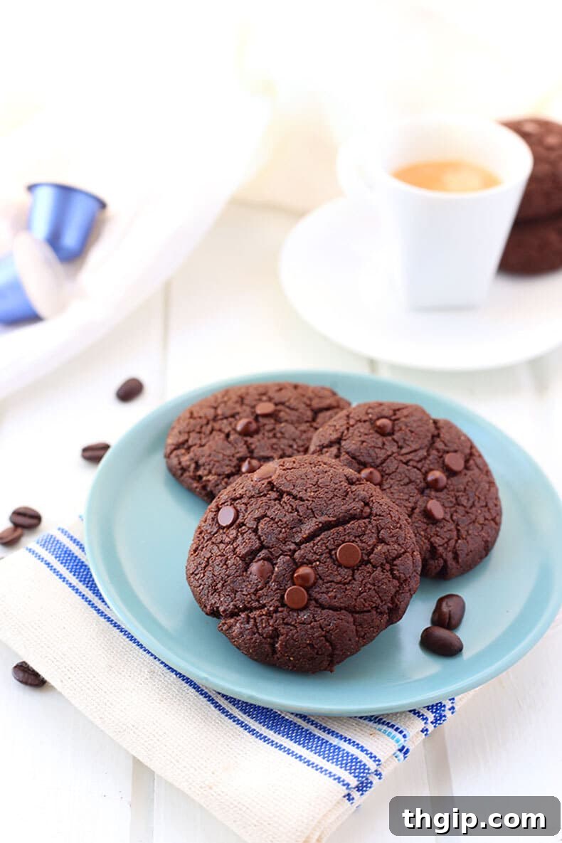 Double Chocolate Espresso Cookies on a cooling rack, rich and inviting