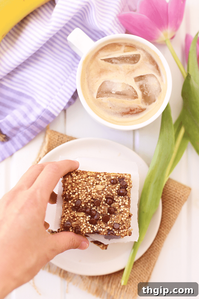 Morning Fuel Banana Quinoa Bars 5 A final close-up of a perfectly baked banana quinoa breakfast bar with chocolate chips.