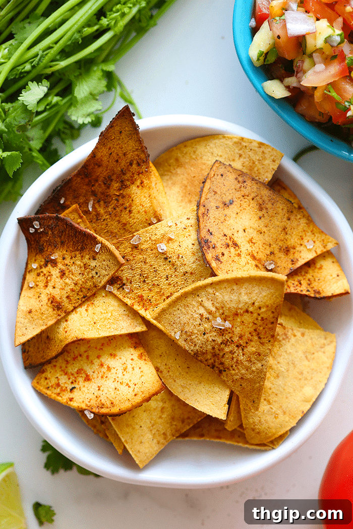 Homemade Crispy Tortilla Chips 5 Freshly baked tortilla chips cooling on a wire rack, ready for dipping into homemade salsa or guacamole.