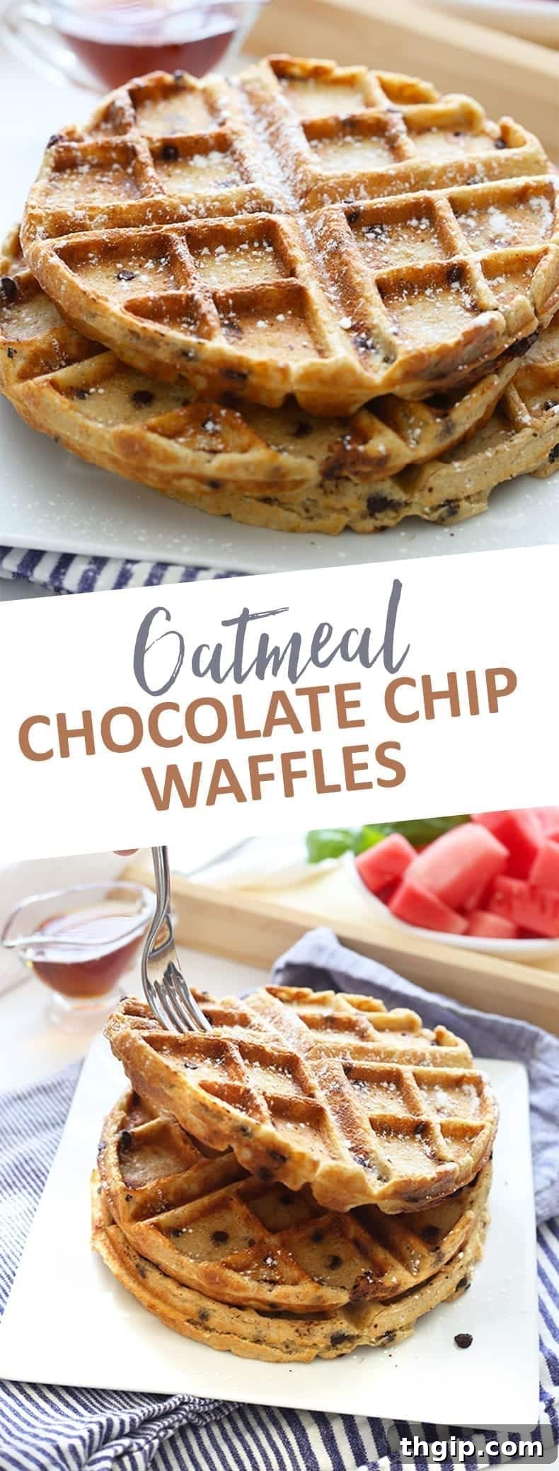 Golden Chocolate Chip Oat Waffles 3 Sweet and crispy Oatmeal Chocolate Chip Waffles for the ultimate weekend brunch! These gluten-free and healthy waffles are made from wholesome ingredients. #oatmealwaffles #glutenfreewaffles