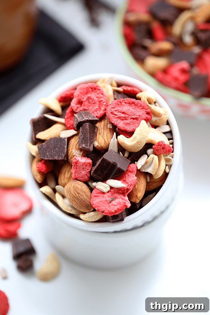 Crimson Cocoa Trail Mix 2 Bowl of trail mix made of mixed nuts, seeds, freeze dried strawberries and chocolate chunks.