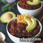 A close-up image of The Best Vegetarian Quinoa Chili.