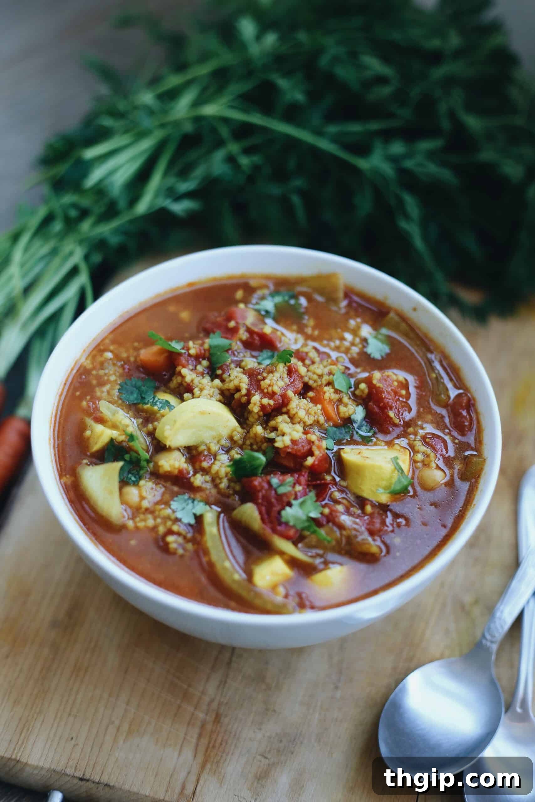 Moroccan Chickpea and Couscous Soup close up served in a bowl with a spoon