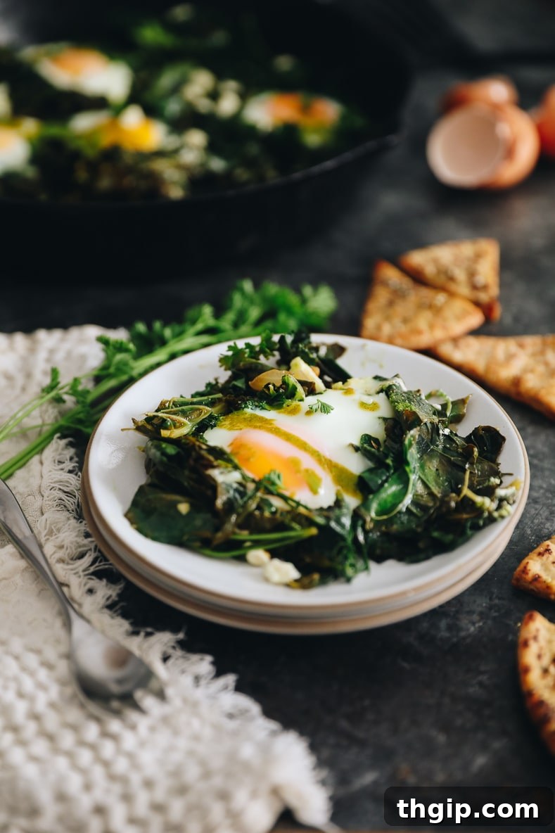 Vibrant Green Shakshuka Delights 2 A vibrant skillet of green shakshuka, showcasing perfectly poached eggs nestled among sautéed spinach and herbs, ready to be served.