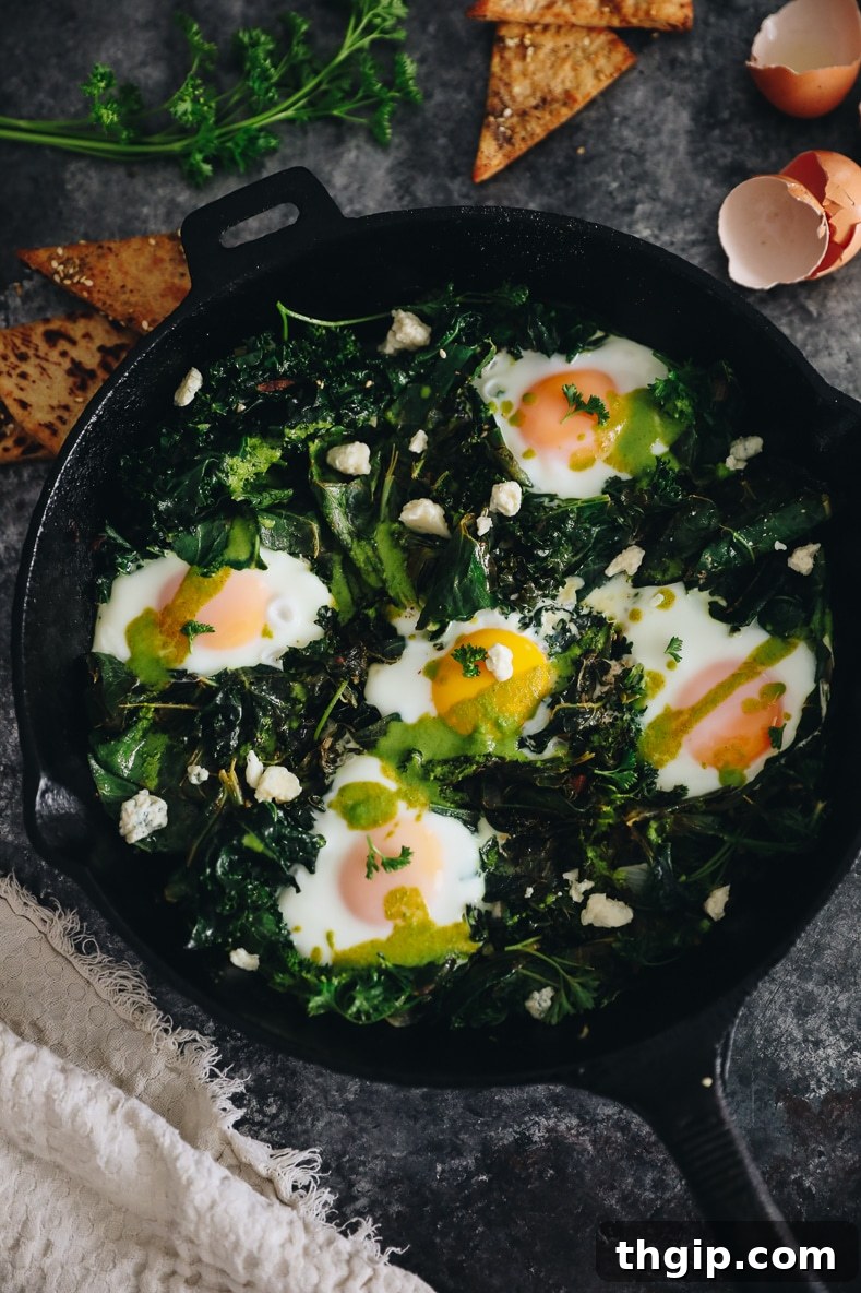 Vibrant Green Shakshuka Delights 3 A close-up of green shakshuka simmering in a skillet, with eggs just starting to set in the vibrant green mixture, highlighting the fresh ingredients.
