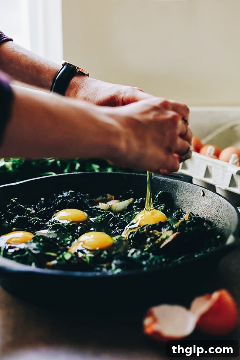 Vibrant Green Shakshuka Delights 5 Perfectly poached eggs nestled in a simmering bed of green shakshuka, cooking gently under a lid, with steam visible.