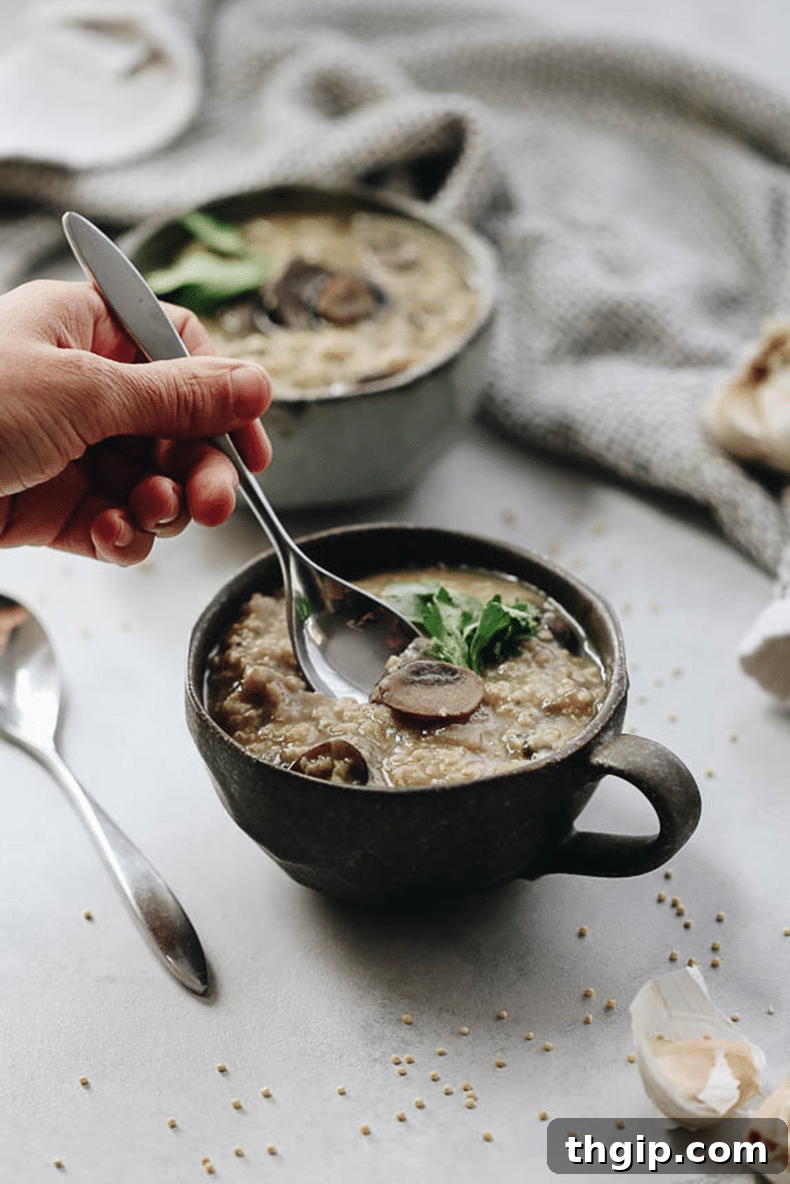 A final close-up of the hearty Mushroom Millet Soup, garnished with fresh herbs.
