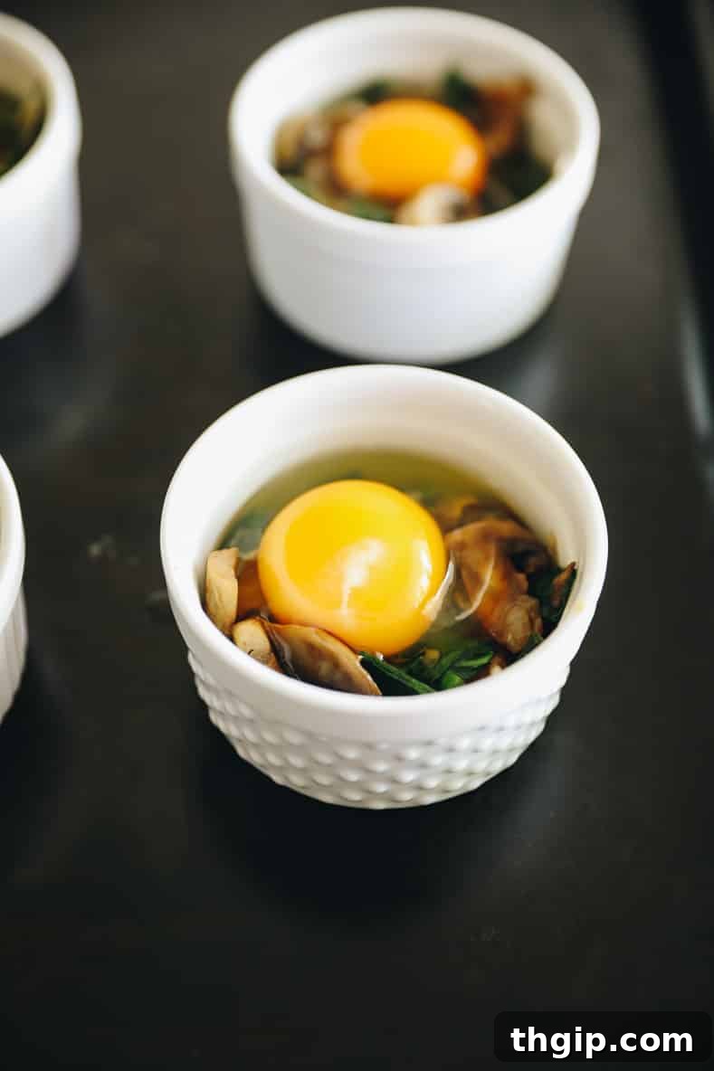 Shirred Eggs 4 Two ramekins on a baking sheet, each holding a bed of vegetables with raw eggs cracked carefully into the center.