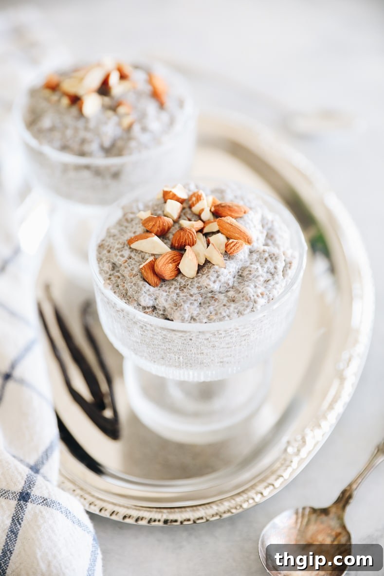 Vanilla Dream Chia Pudding 2 A glass jar filled with creamy vanilla chia pudding, garnished with fresh berries and a sprig of mint.