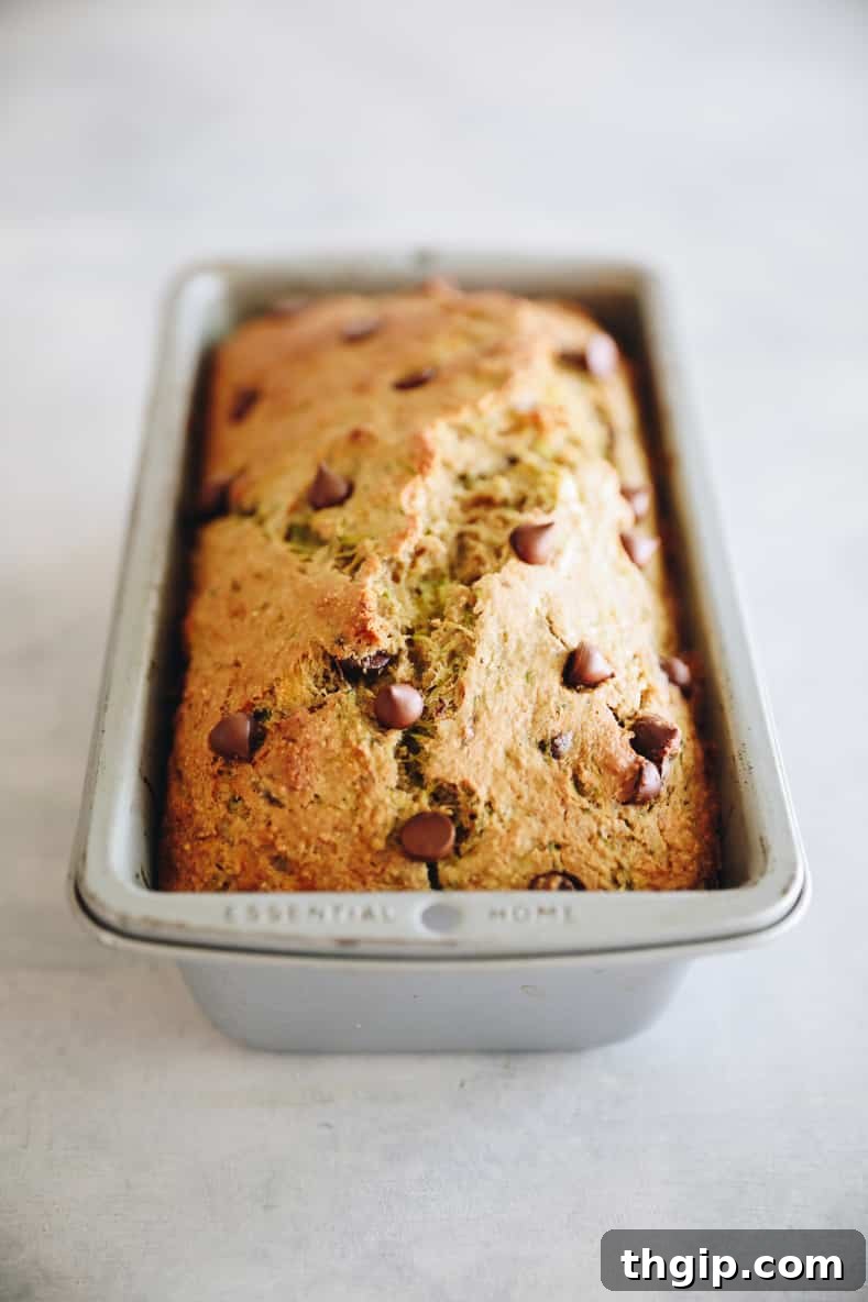 Wholesome Zucchini Banana Bread 7 Freshly baked zucchini banana bread in a loaf pan, cooling down after coming out of the oven.