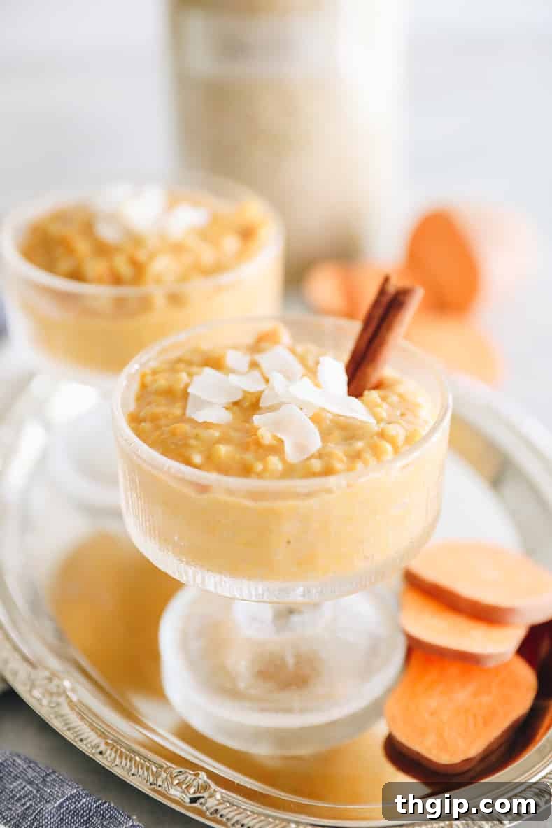 Sweet potato rice pudding in a clear serving dish with shredded coconut and a cinnamon stick on top.