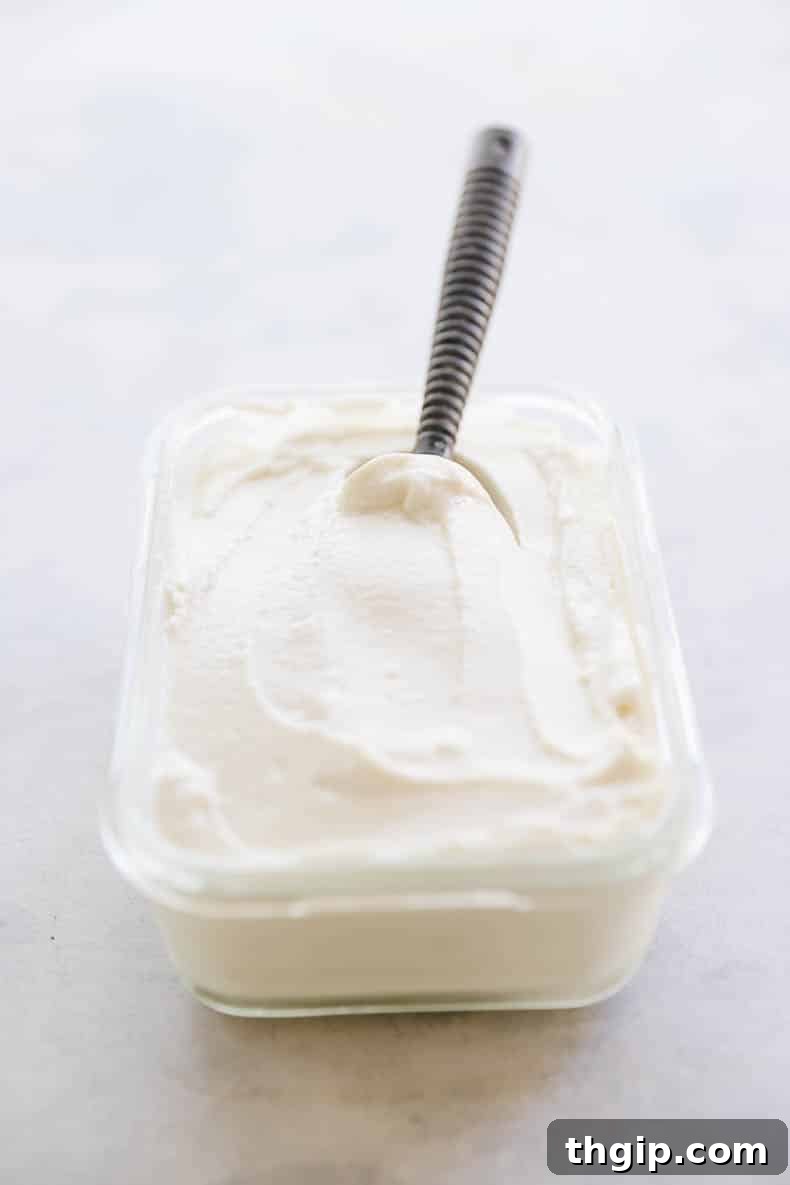 Container of homemade frozen yogurt freezing in the freezer.