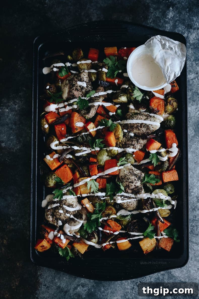 Full sheet pan dinner with Za'atar chicken, butternut squash, and Brussels sprouts, garnished with dates and parsley, ready for a healthy meal.