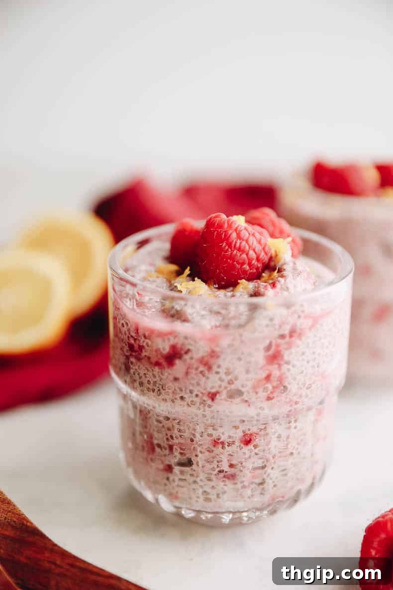 Refreshing Lemon Raspberry Chia Pudding 3 A beautifully presented Lemon Raspberry Chia Pudding, garnished with fresh raspberries and lemon slices, ready to be enjoyed as a refreshing and healthy dessert or breakfast.