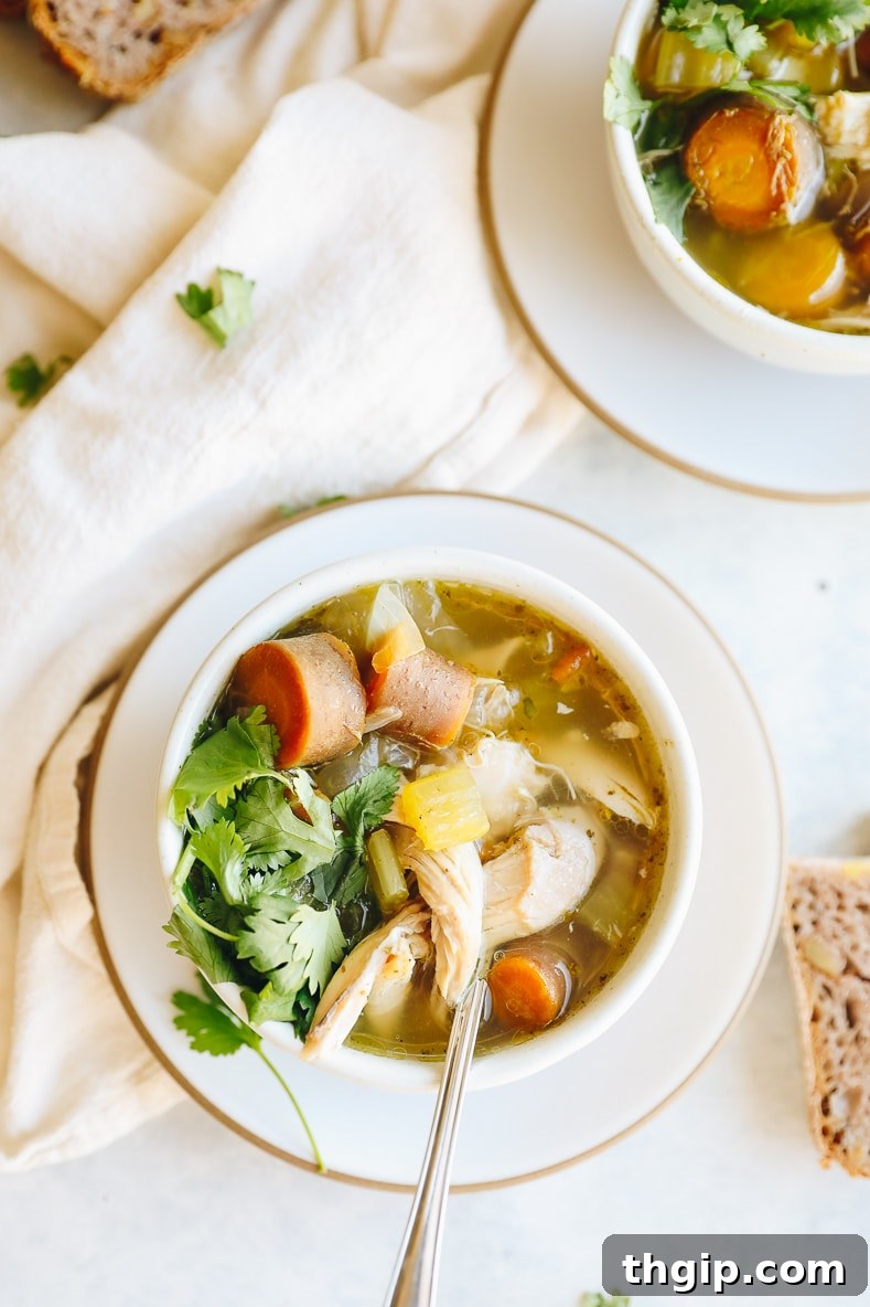 Thanksgiving Revival Soup 7 A beautifully plated bowl of turkey carcass soup with fresh garnishes, ready to be eaten.