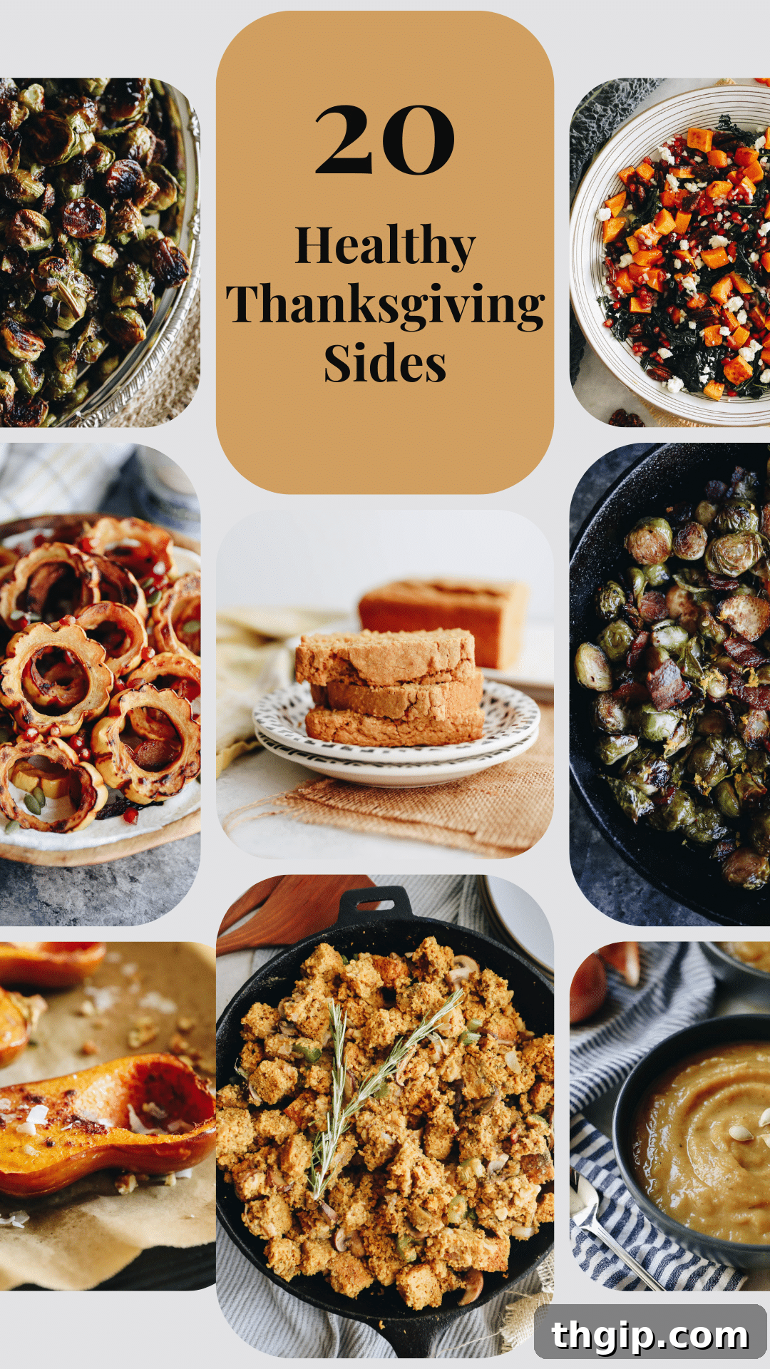 Wholesome Thanksgiving Sides for a Delicious Feast 2 A collage of various healthy Thanksgiving side dishes including roasted squash, salads, and Brussels sprouts.
