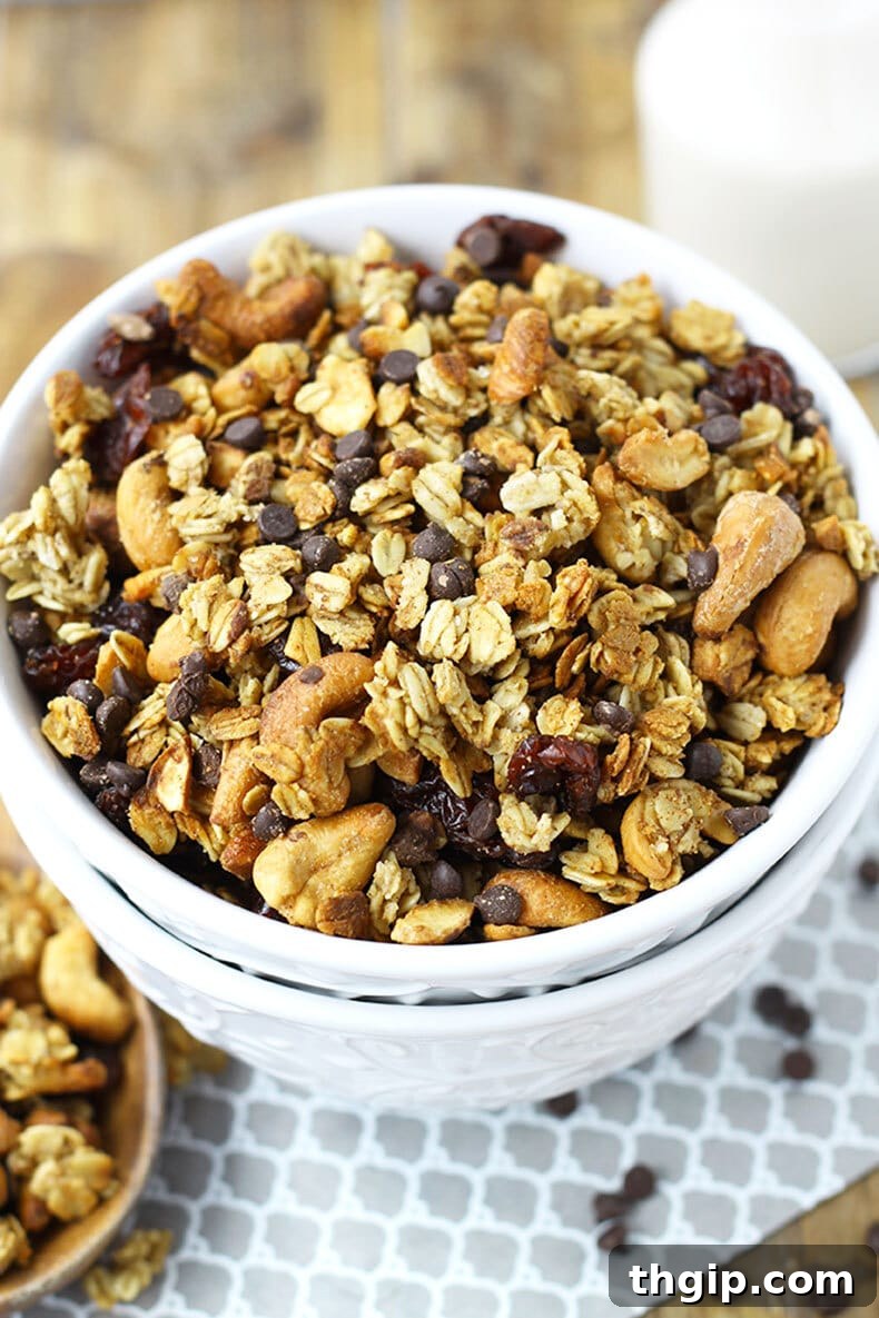 Crimson Cherry Chocolate Granola 3 A bowl of homemade chocolate cherry granola with whole cashews visible.