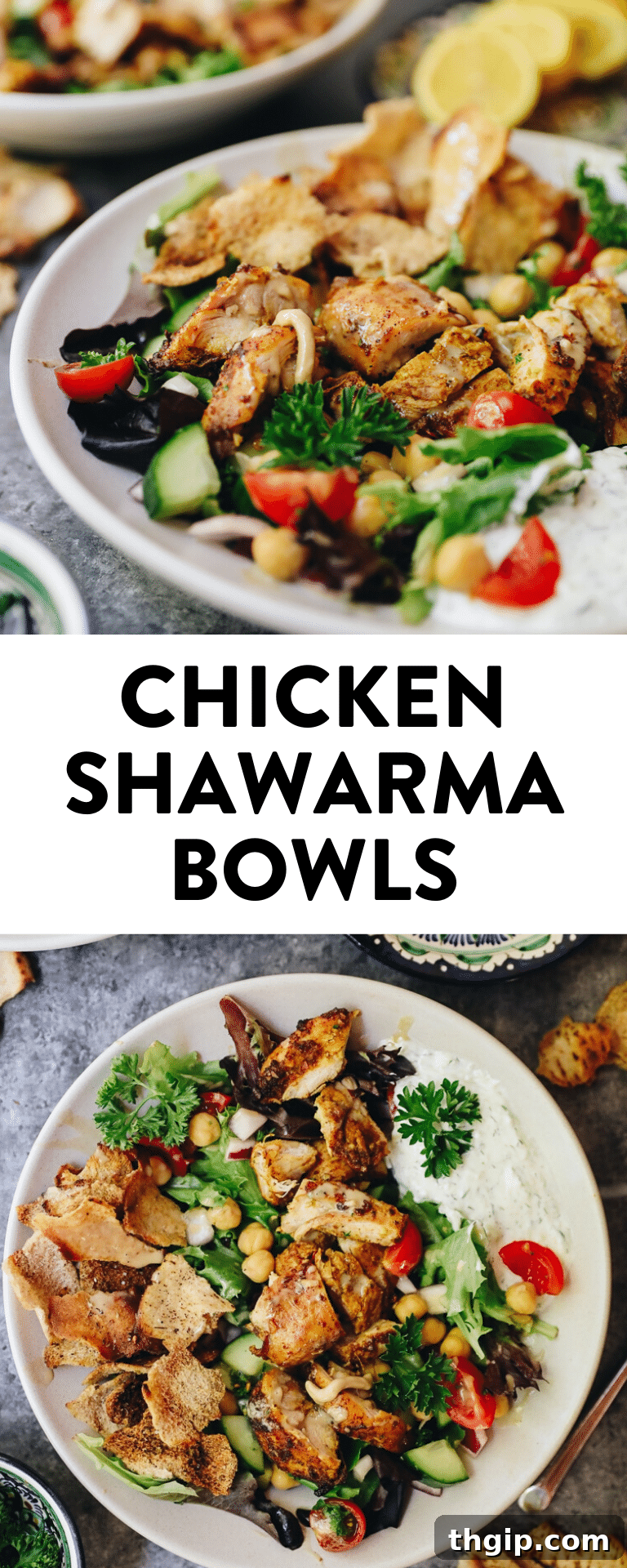 Mediterranean Chicken Shawarma Bowls 2 Deconstructed Chicken Shawarma Bowl with Crispy Pita Chips