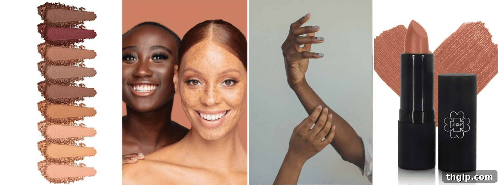 Elevating Clean Beauty with Black Brands 6 Assortment of Black-owned clean beauty makeup products, including lipsticks and eyeshadow palettes.