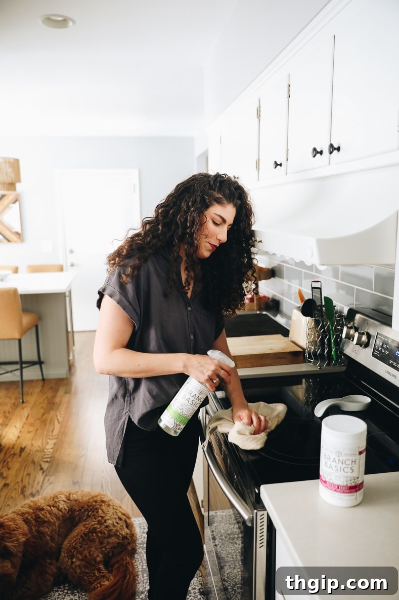 Mastering Your Kitchen Deep Clean 2 A pristine, organized kitchen with minimalist decor, showcasing sparkling countertops and a clean aesthetic.