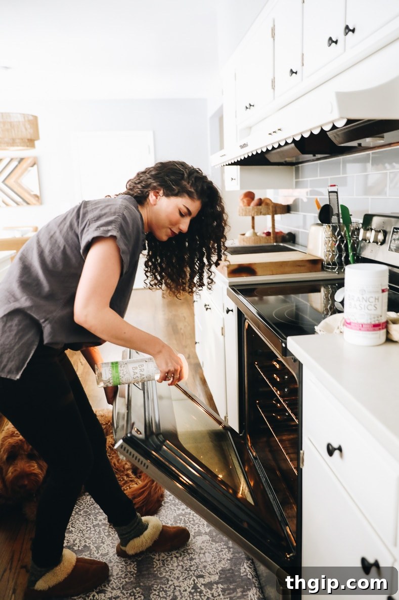 Mastering Your Kitchen Deep Clean 3 A person cleaning a kitchen oven with natural, non-toxic spray and a microfiber cloth, highlighting a systematic approach to deep cleaning.