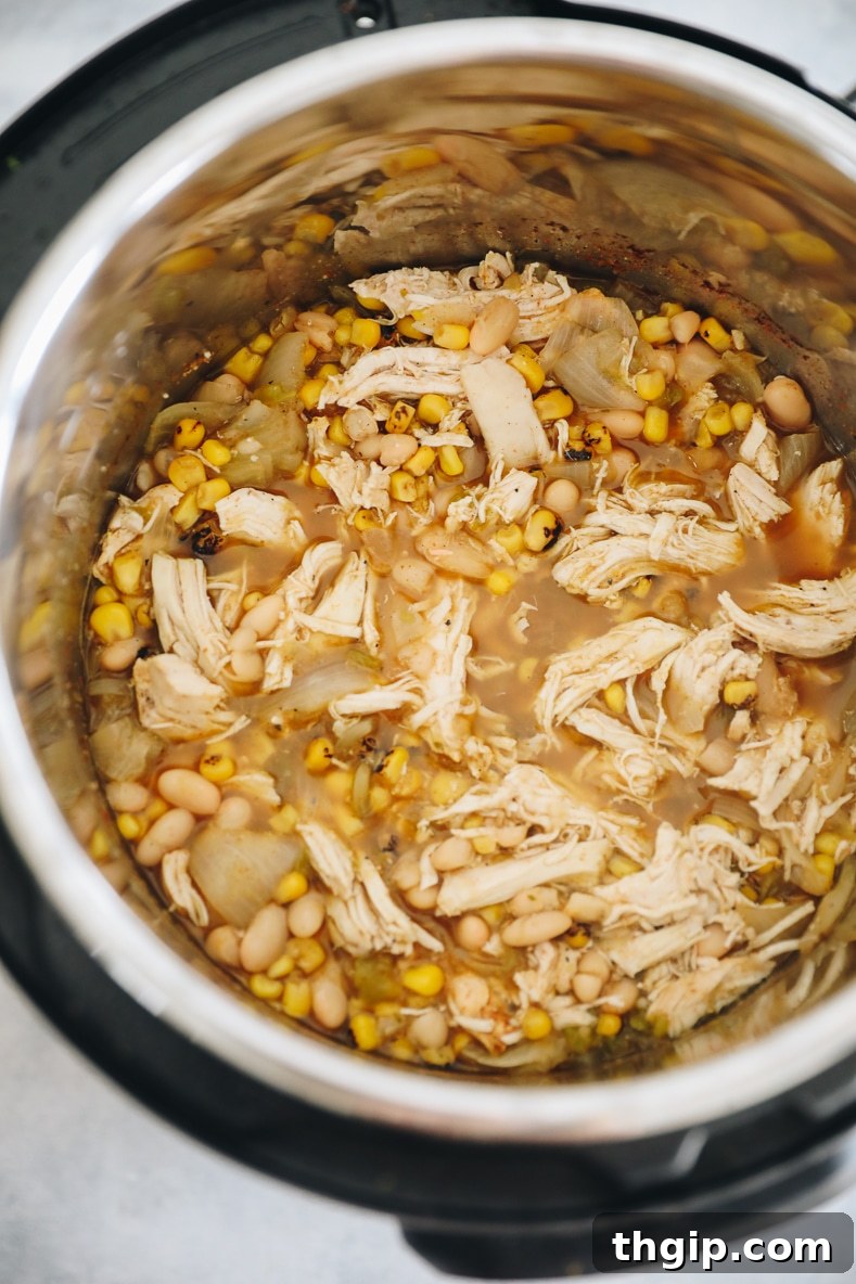 Creamy Instant Pot White Chicken Chili 5 A close-up of a bowl of Instant Pot White Chicken Chili garnished with fresh cilantro, a lime wedge, and tortilla chips.