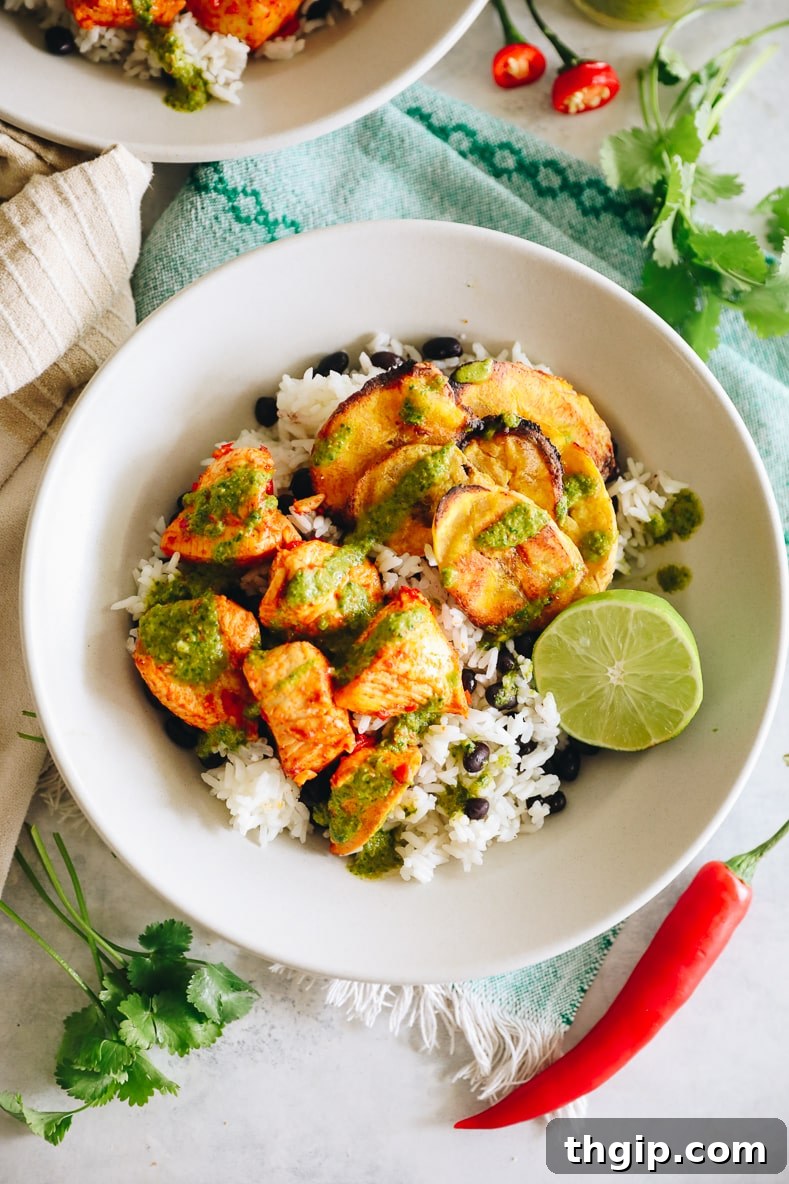 A close-up of the Piri Piri Chicken Bowl, showcasing the colorful ingredients.