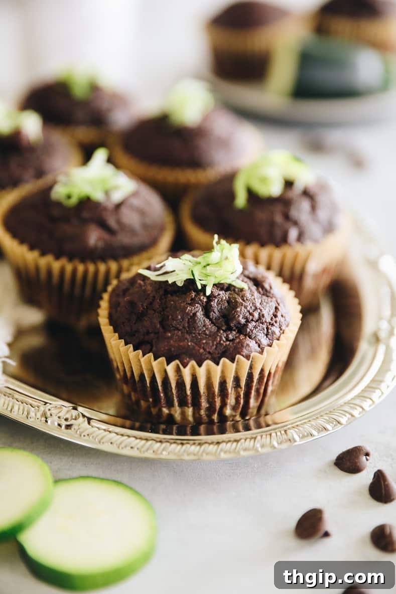 Garden Gem Chocolate Muffins 2 Two perfectly baked chocolate zucchini muffins on a cooling rack, one with a bite taken out, revealing the moist, chocolatey interior with specks of green zucchini.