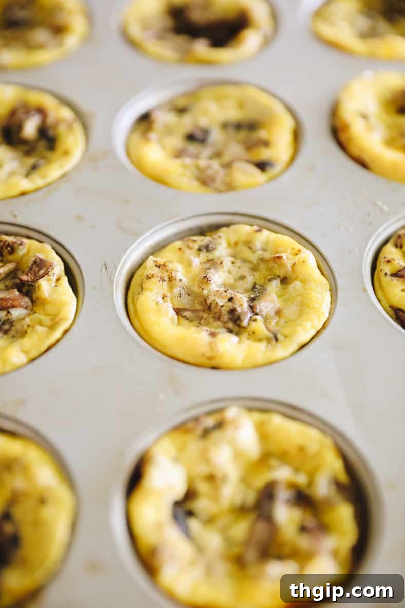Baked egg muffins cooling in the muffin pan.