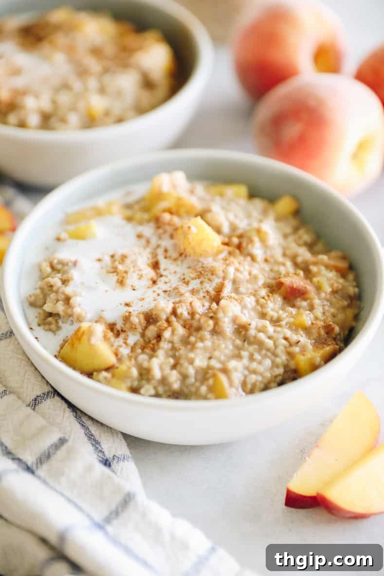 Creamy Instant Pot Peach Steel Cut Oats 2 A bowl of creamy steel cut oats topped with fresh peach slices and a sprinkle of cinnamon.