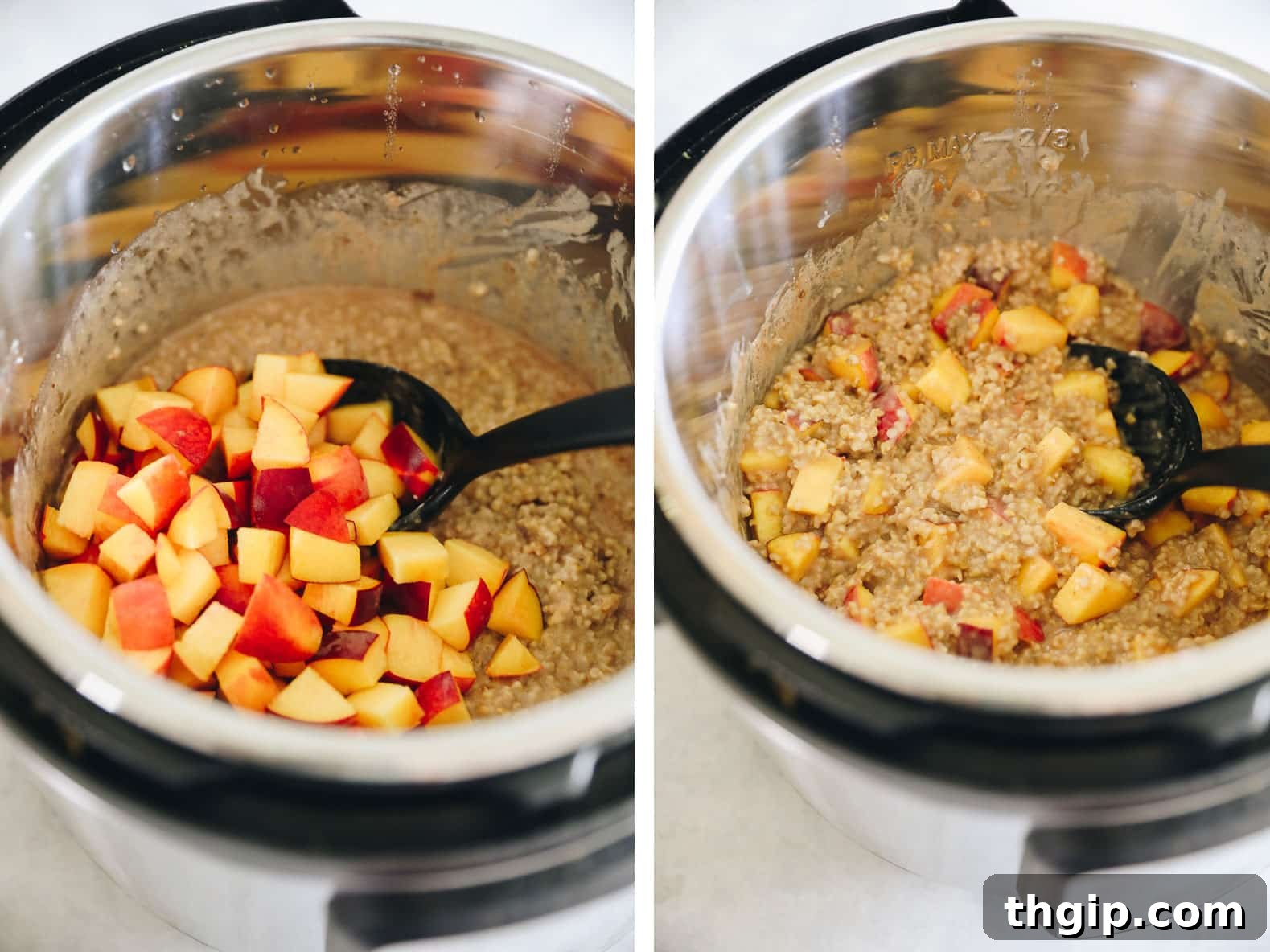 Creamy Instant Pot Peach Steel Cut Oats 3 A second image of the peach oatmeal in a white bowl, viewed from a different angle.