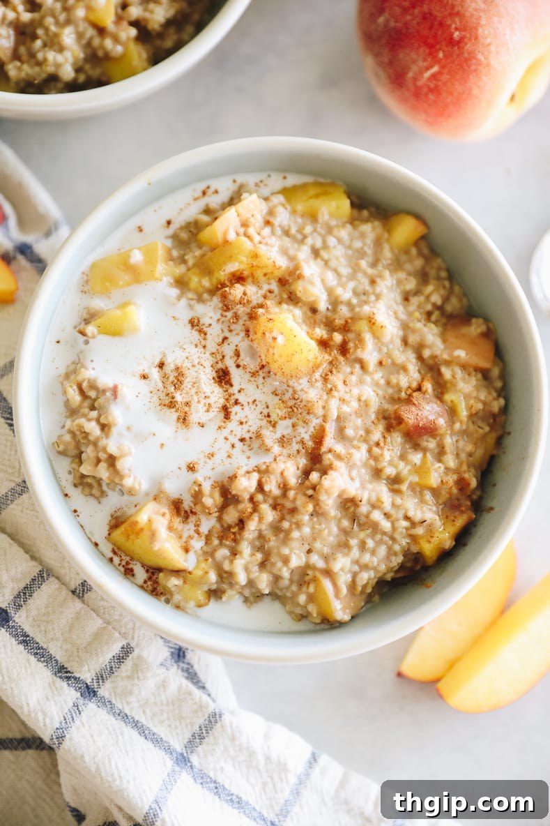 Creamy Instant Pot Peach Steel Cut Oats 6 A final image of the peach oatmeal, emphasizing the fresh ingredients and inviting presentation.