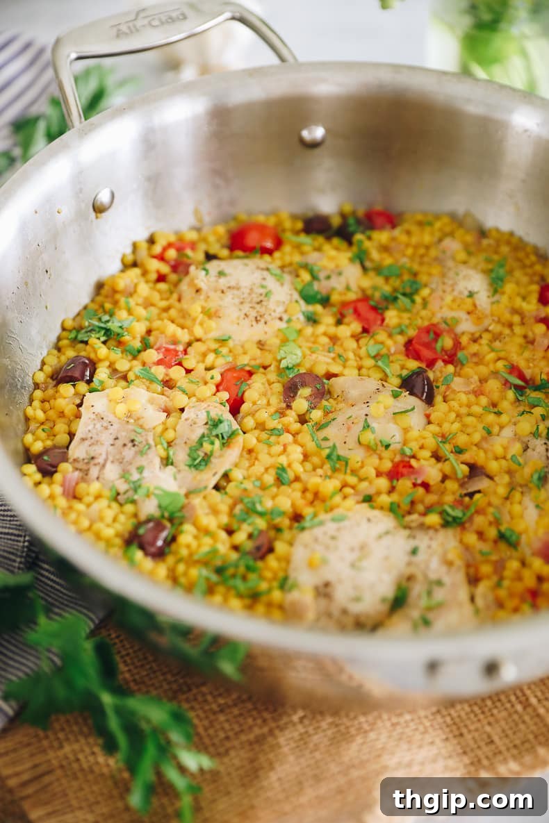 Skillet Israeli Chicken with Pearl Couscous 2 one-pot recipe for israeli couscous with chicken thighs.