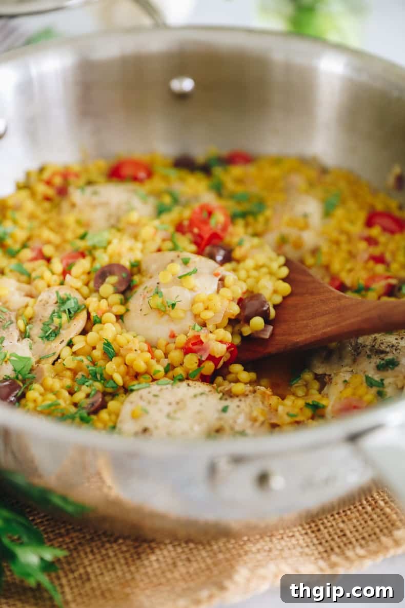 Skillet Israeli Chicken with Pearl Couscous 6 one-pot recipe for israeli couscous with chicken thighs.