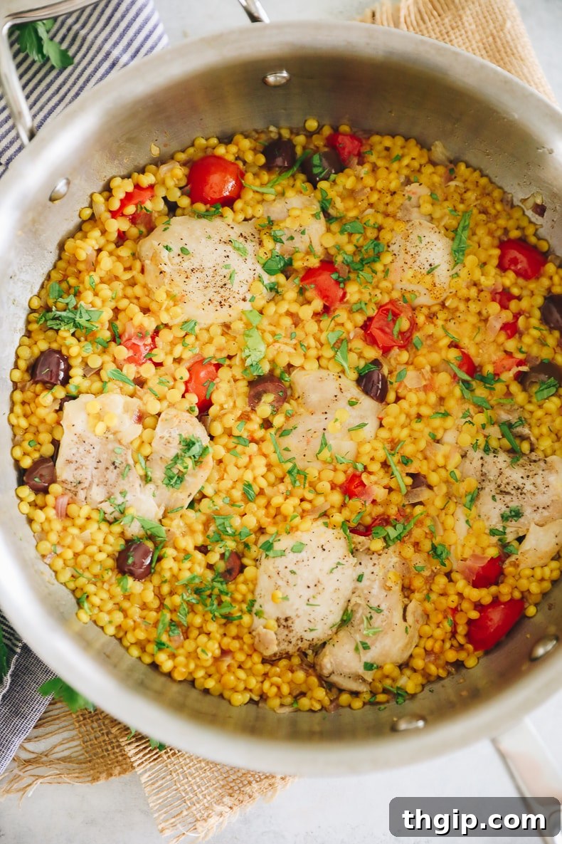 Skillet Israeli Chicken with Pearl Couscous 8 one-pot recipe for israeli couscous with chicken thighs.
