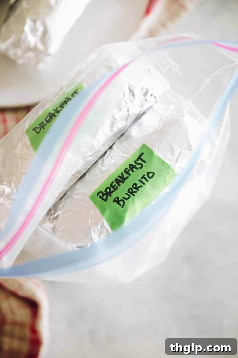 Grab-and-Go Frozen Breakfast Burritos 2 Freshly prepared frozen breakfast burritos wrapped in aluminum foil and stored neatly in a clear freezer bag, ready for meal prep.