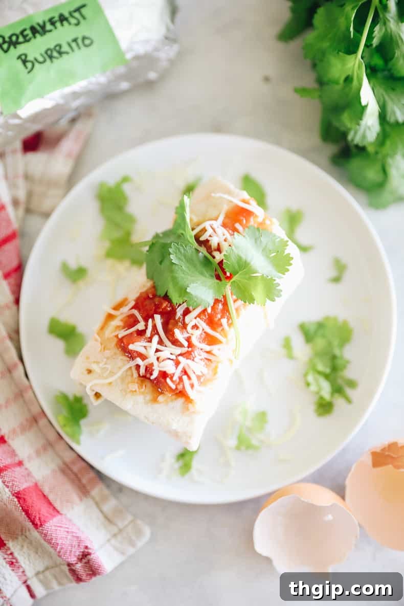 Grab-and-Go Frozen Breakfast Burritos 9 A delicious and fresh breakfast burrito cut in half to show the hearty fillings inside, ready for a flavorful meal.