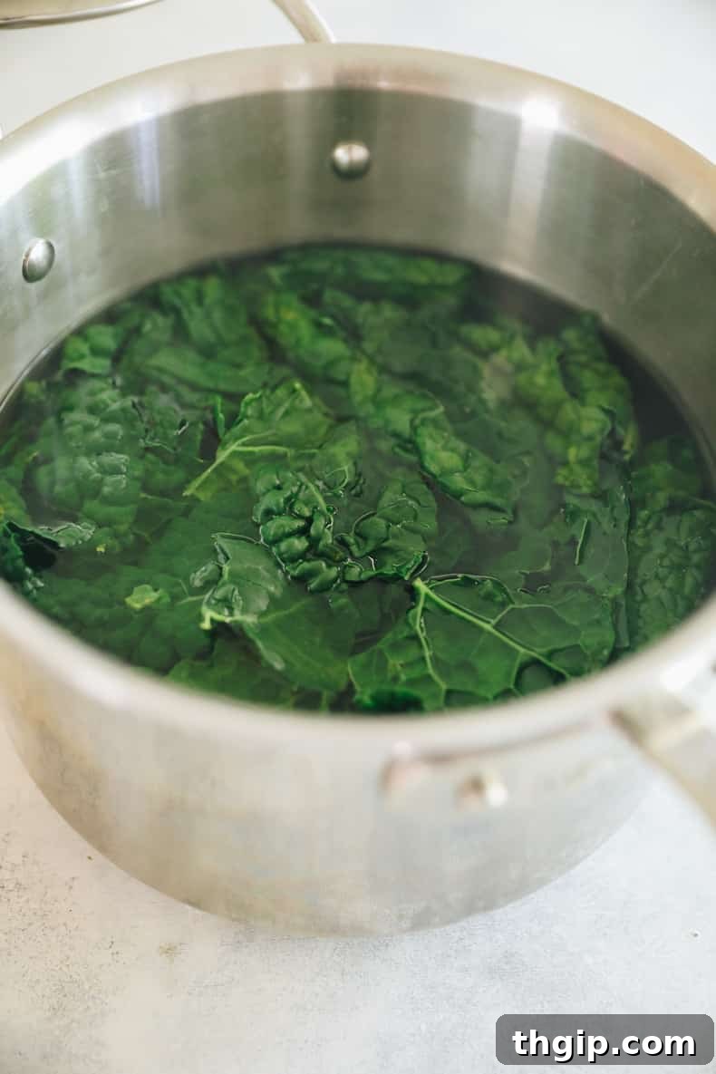 Verdant Kale Pesto Pasta 4 Blanched kale, tender and bright green, in a colander after boiling.