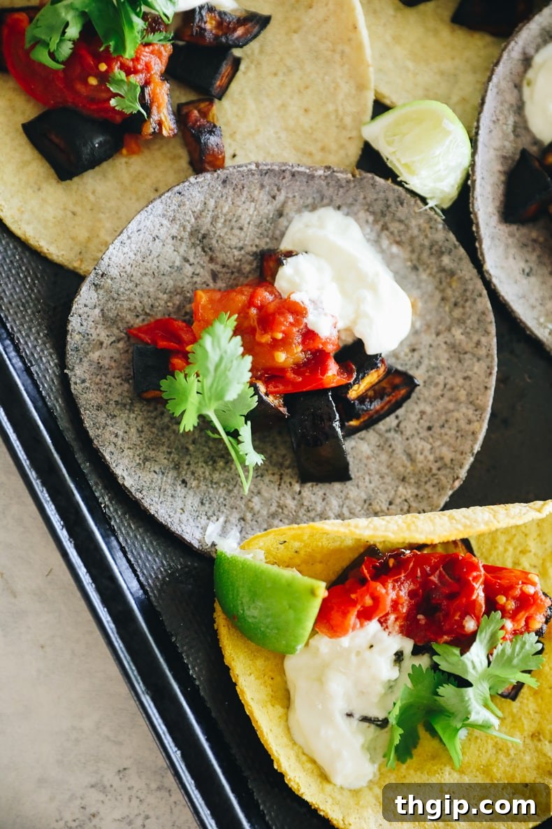 Charred Eggplant Tacos with Burst Tomatoes and Burrata 8 close up of eggplant tacos with tomatoes and burrata on a baking sheet