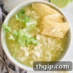overhead of bowl with pozole verde