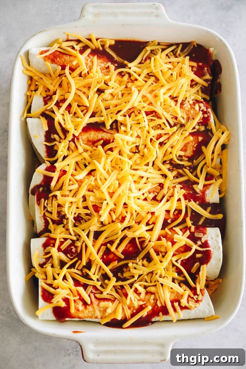 Zesty Black Bean Enchiladas 6 A baking dish filled with rolled black bean enchiladas, generously covered in rich red enchilada sauce and a thick layer of shredded cheese, ready to be baked to perfection.