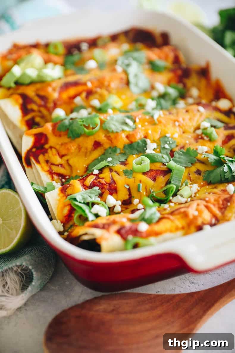 Zesty Black Bean Enchiladas 7 Freshly baked black bean enchiladas, bubbling hot from the oven, with perfectly melted and golden-brown cheese topping, in a red baking dish.