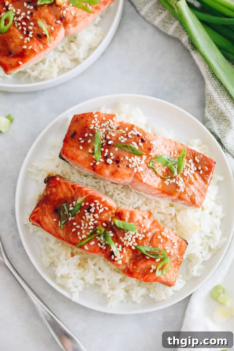 Effortless Miso Glazed Salmon 9 overhead photo of miso salmon on a bed of rice.