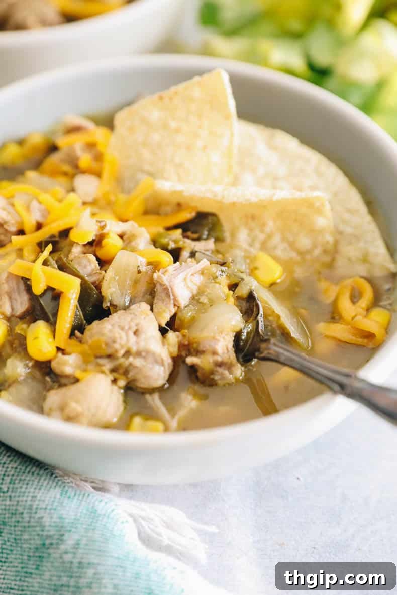 A vibrant bowl of green chicken chili, beautifully presented with a topping of shredded cheese and crispy tortilla chips, highlighting its comforting appeal.