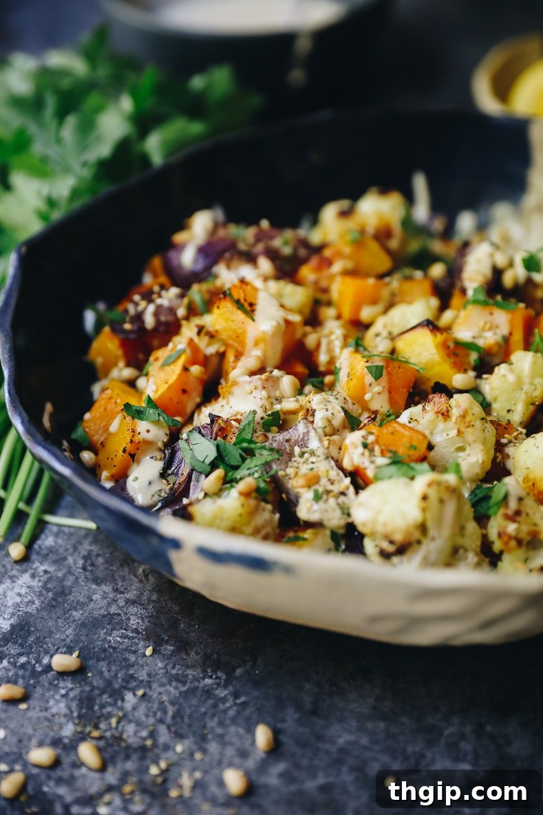 Three bowls showcasing the versatility of tahini sauce: one with tahini as a dressing for a vibrant salad, another as a dip for pita bread and fresh vegetables, and the third as a topping for roasted chicken and herbs.