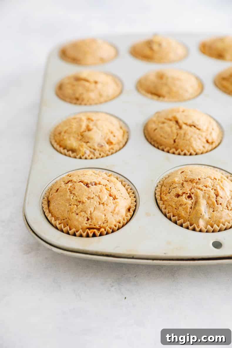 Carrot Cake Bites 5 Baked carrot cake muffins in a metal muffin tin.