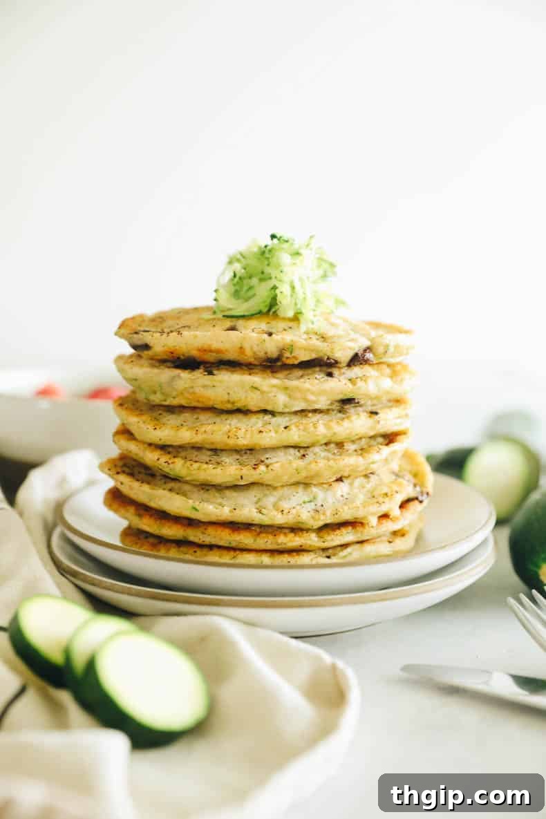 Stacked zucchini pancakes on a plate, garnished with powdered sugar.