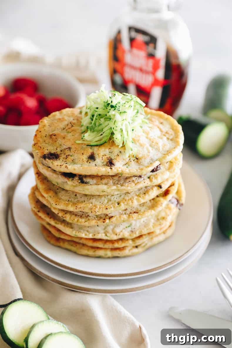 Fluffy zucchini pancakes drizzled with maple syrup on a white plate.