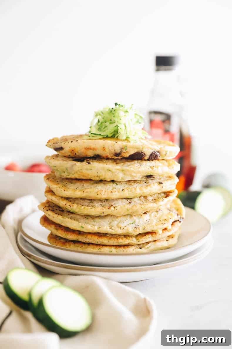 A plate of zucchini pancakes with maple syrup and chocolate chips, ready to be served.