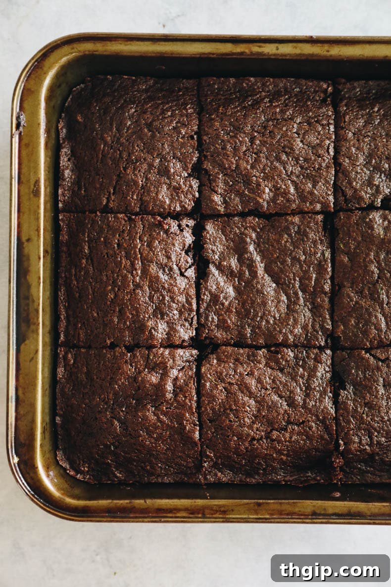 Zesty Zucchini Brownies 7 A freshly baked batch of zucchini brownies, perfectly cut into nine square portions, sits in a baking pan, ready to be enjoyed.